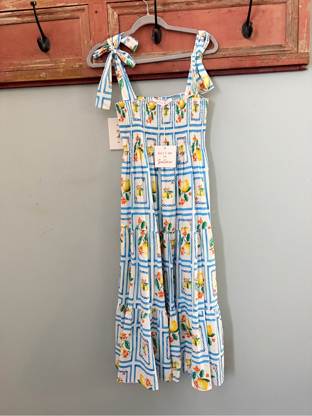 Smocked Blue & White Lemon Print Tie-Shoulder Sundress